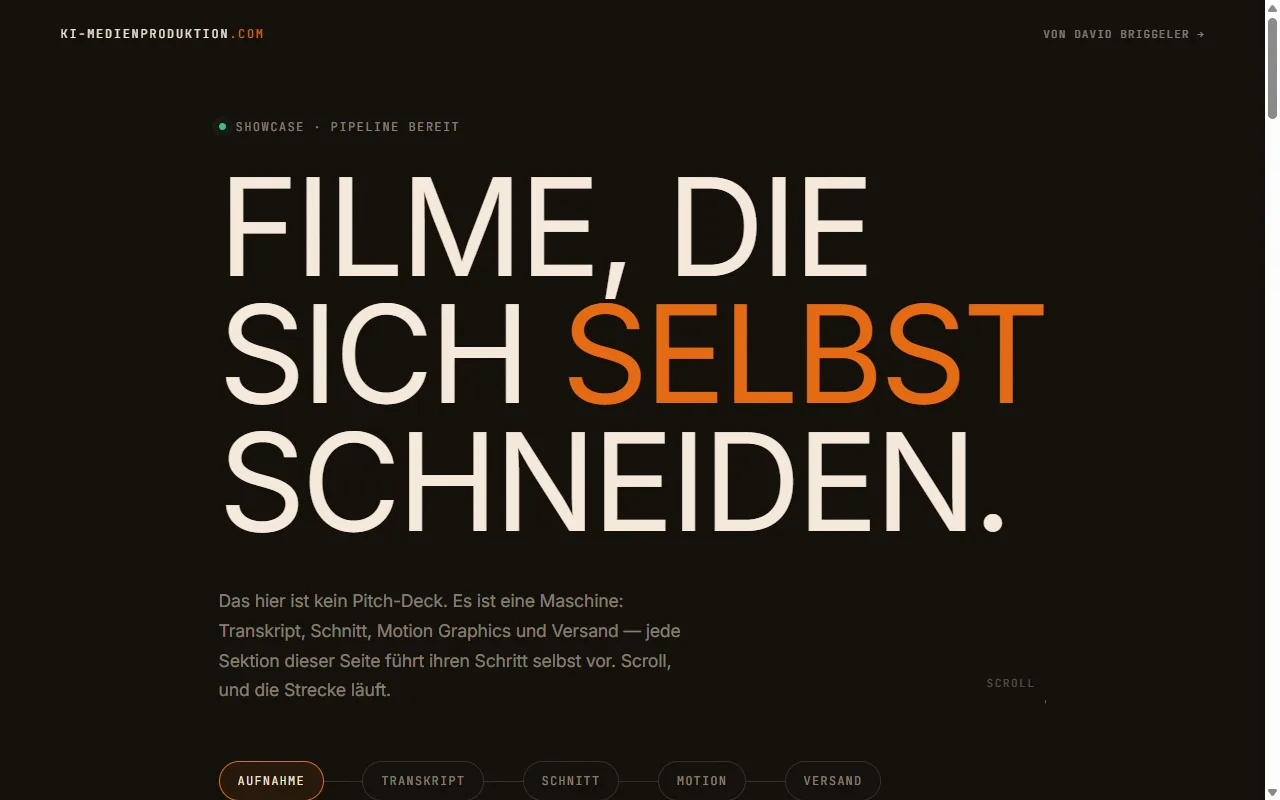 Startseite des Showcase ki-medienproduktion.com auf einem Laptop