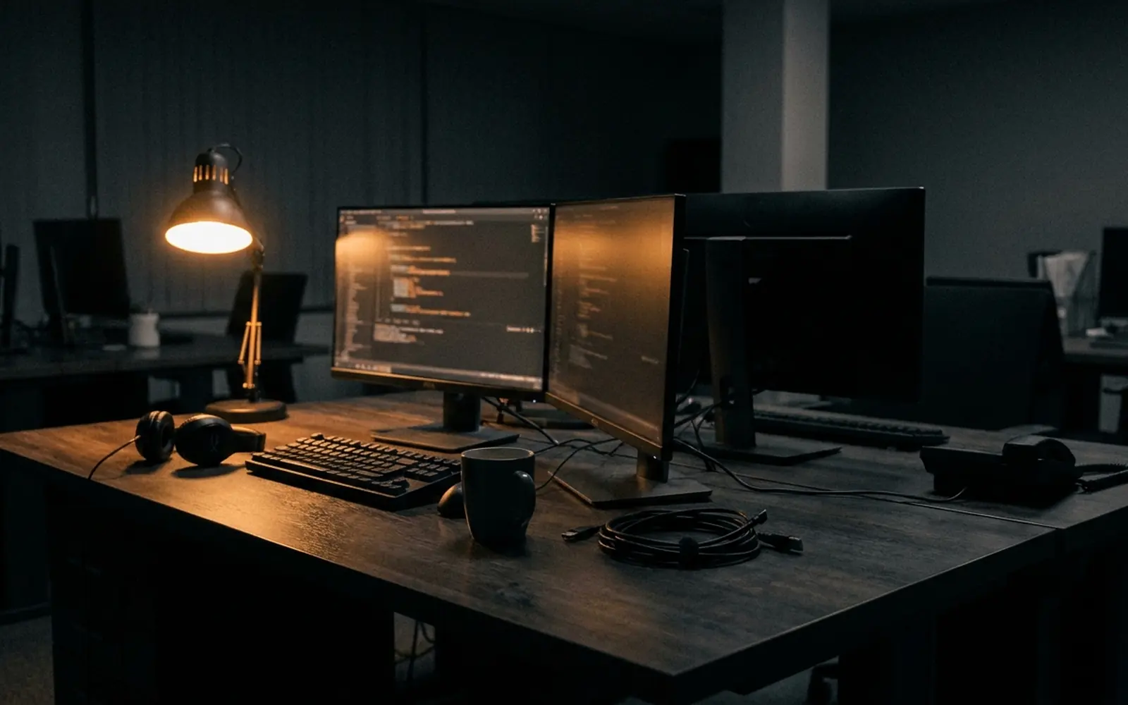 Servicedesk-Arbeitsplatz am Abend, Headset und zwei Bildschirme im Lampenlicht